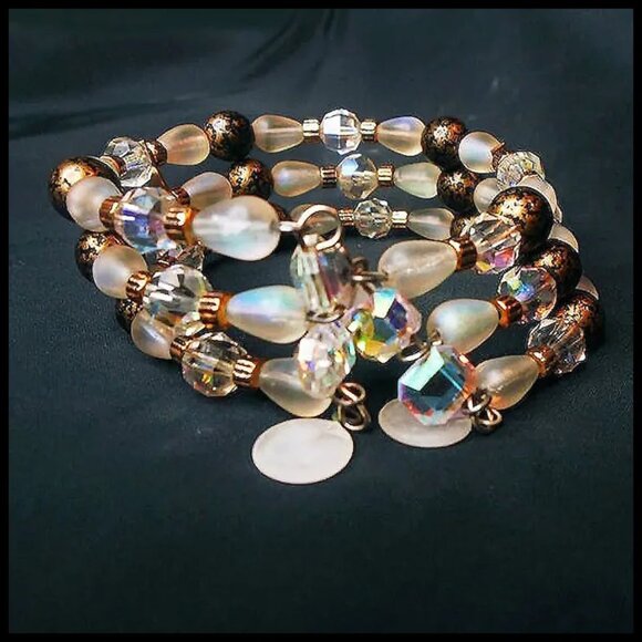 Retro Crystal Aurora Frosted Glass Wide Bangle Bracelet, One of a Kind – Bridal - Picture 3 of 10